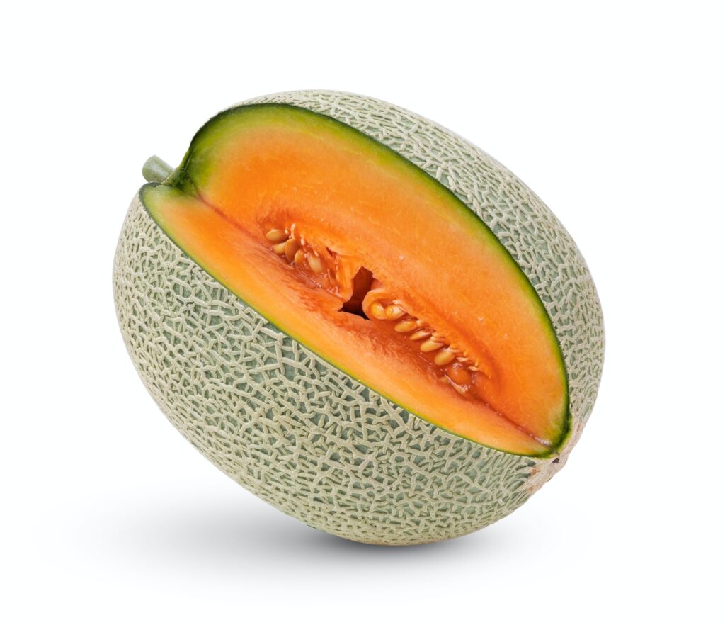 Foto de melón cantaloup abierto sobre fondo blanco